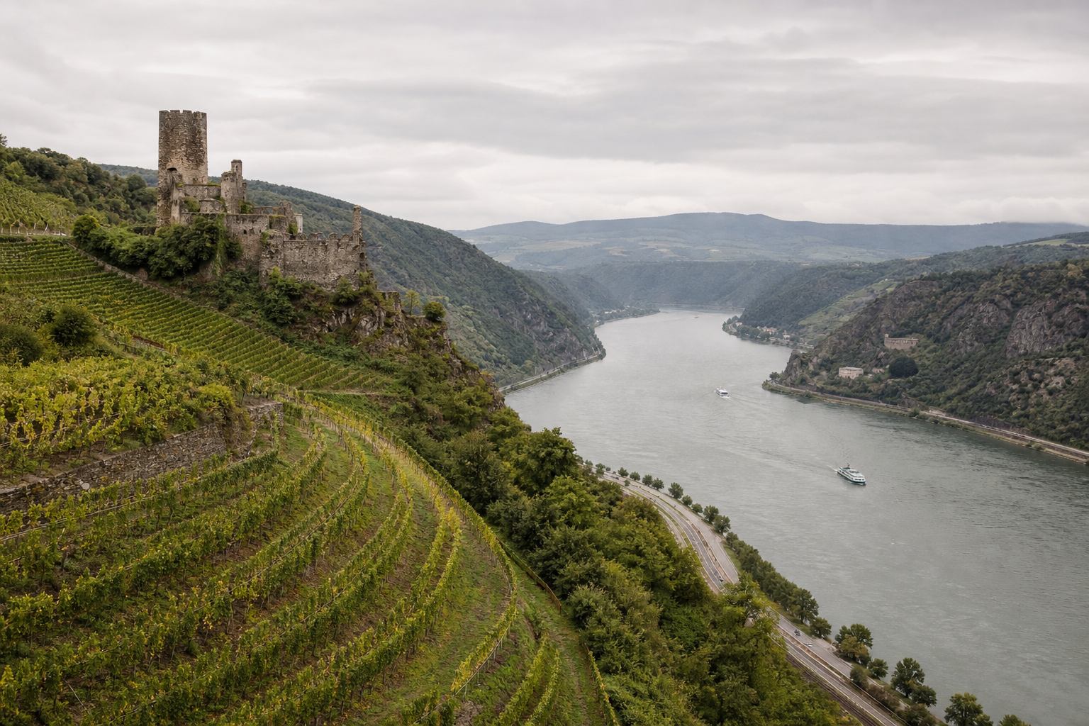 Das Rheintal mit Weinbergen und mittelalterlicher Burgruine bei Sonnenuntergang