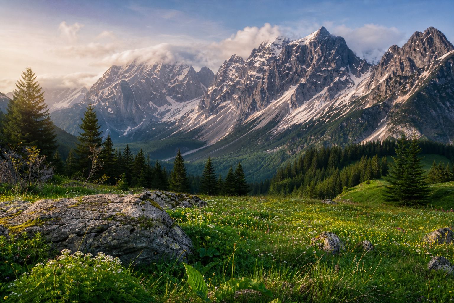 Bayerische Alpen mit grünen Almwiesen und schneebedeckten Gipfeln